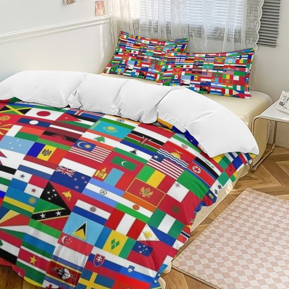 Flags Of All Countries Of The World Set Duvet Cover Themed Multicolor Polyester Bedding Set Duvet Cover for Queen Size