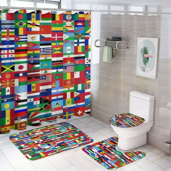 Flags Of All Countries Of The World Shower Curtain Bathroom Sets Toilet Lid Rug, Bath Mat And Contour Mat, Shower Curtain 4Pcs