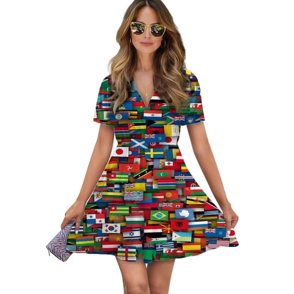 Flags Of All Countries Of The World Women Dress V-Neck Short Sleeve Flowy Swing Party Midi Dress