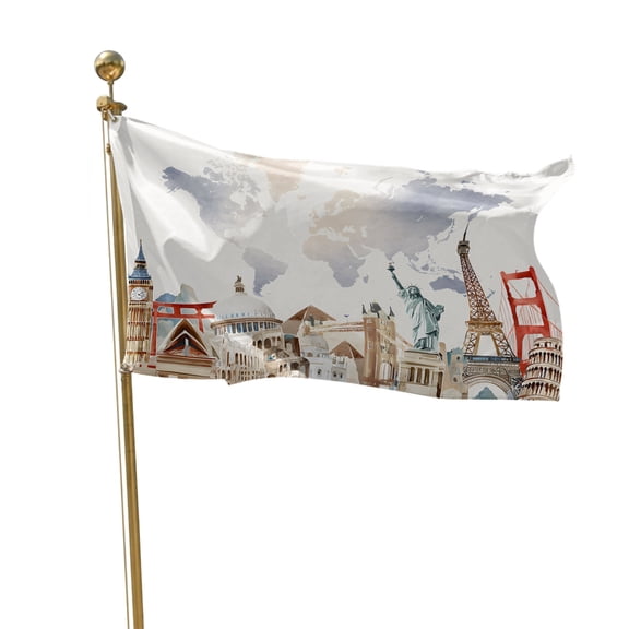 Flags for Outside 2x3 ft World Map Outdoor Flags Double Sided Grommets House Banner Famous Building Tourism Landscape Patio Yard Flag for Outdoor Flying Party Porch Garden Decorations Indoor