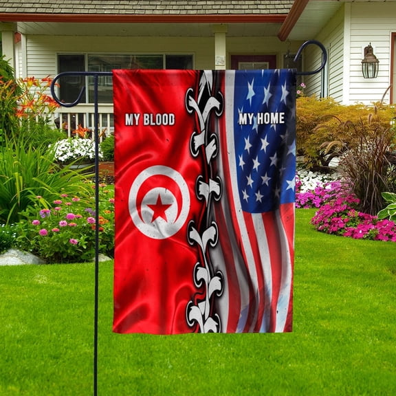 Flags-Tunisian American My Home My Blood Flag Tunisian Part Garden Flag, Double-Sided Decorative Outdoor Flag, Patriotic Polyester Yard Flag 12 x 18 in