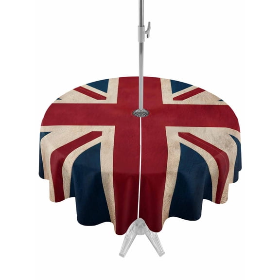 Flags Of The United Kingdom Round Outdoor Tablecloth with Umbrella Hole Vintage UK Flag 54 Inch Round Waterproof Table Cover Zippered Table Cloth for Garden Patio