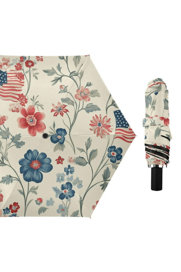 Flags Vintage Colored Flowers Leaves All Weather Umbrella Triple Folding Parasol 6 Ribs UV Protection Portable