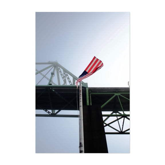 Flags and Steel - Astoria Oregon Photography Bridge Patriotic Architecture Industrial Scenic Minimalist Unframed Wall Art Print 20 x 30 inches