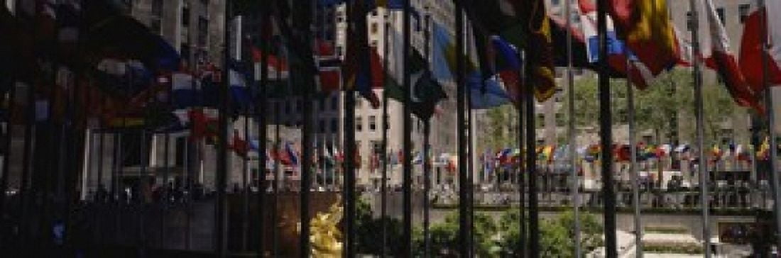 Flags in a row Rockefeller Plaza Manhattan New York City New York State USA Canvas Art - Panoramic Images (18 x 6)