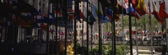 Flags in a row Rockefeller Plaza Manhattan New York City New York State USA Canvas Art - Panoramic Images (36 x 12)