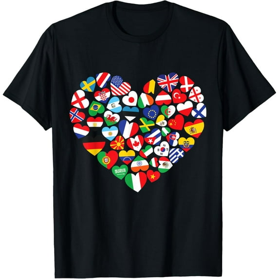 Flags of Countries of the World international flag heart T-ShirtMen and women, Black T-shirt, size: Extra large