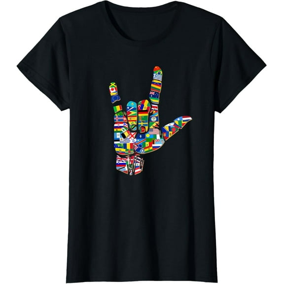 Flags of the Countries of the World in Love Sign, ASL Gift T-Shirt