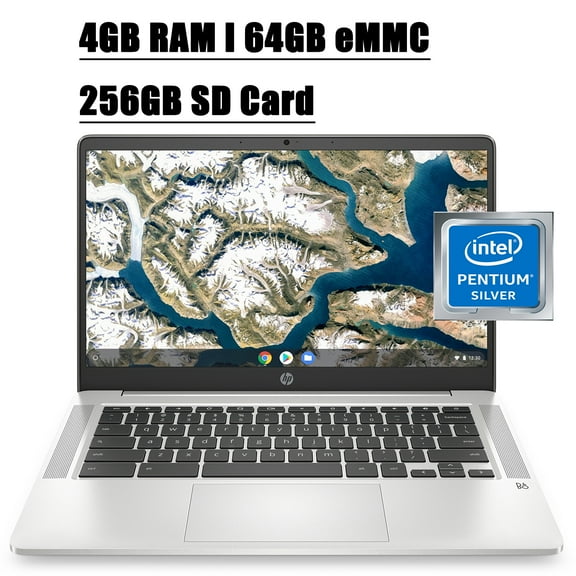 Flagship HP 14 Pentium Chromebook Laptop I 14" HD SVA Display I Intel Quad-Core Pentium Silver N5000 I 4GB DDR4 64GB eMMC 256G SD Card I Type-C B&O PLAY Webcam HP Fast Charge Chrome OS