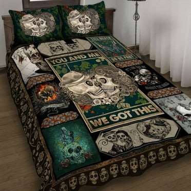 Flagwix 3-Pieces Skull Couple Multicolor Quilt Bedding Sets, Queen