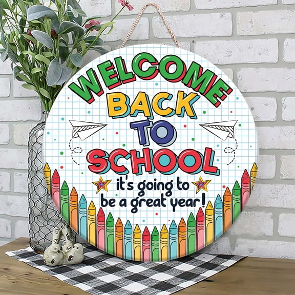 Flagwix Back To School Sign, Round Wooden Teacher Sign, Classroom Decor, Teacher Gifts, Rustic Colorful Crayon Door Sign - 18 inches