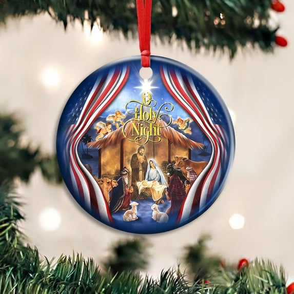 Flagwix Ceramic Ornaments|Christmas Tree Decoration| Jesus Is Born. Christmas Silent Night Ornament THH3510O Double-sided Printed Hanging Ornaments - Circle, 1 Pcs