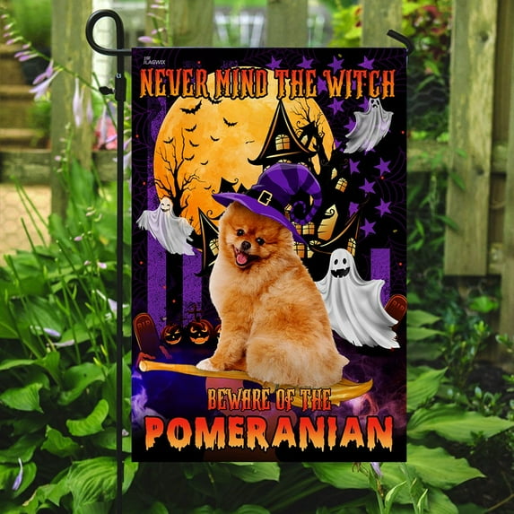 Flagwix Halloween Flag, Never Mind The Witch Beware Of The Pomeranian Halloween Decoration, Fall Decor, Canvas Double-sided Printed 12x18 Garden Flag