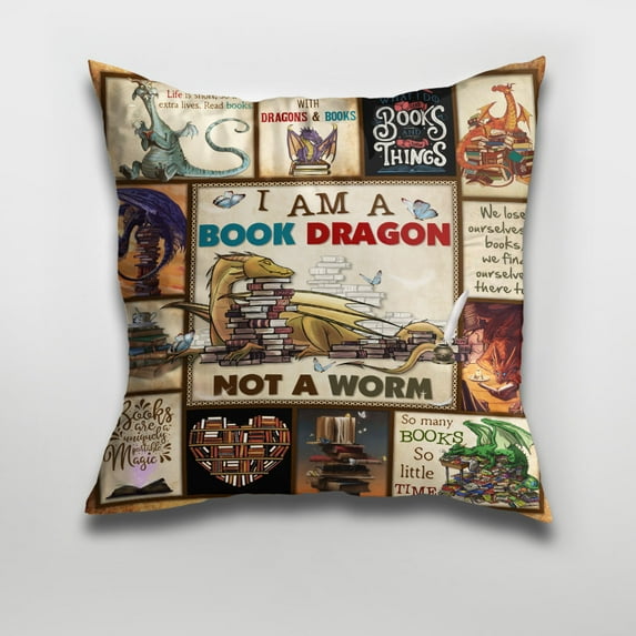 Flagwix Indoor Outdoor Cushions, I Am A Book Dragon Decorative Throw Pillows, Mother's Day Gifts For Her, Square Pillow With Cotton Filling 12"x12"