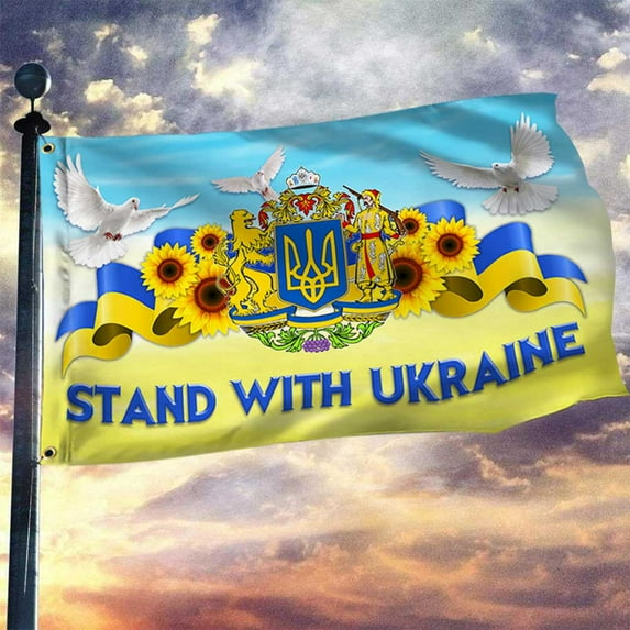 Flagwix Ukraine The Trident Sunflower Grommet Flag Stand With Ukraine DBD3420GF - 5x8 ft., With Flag Pole Rings