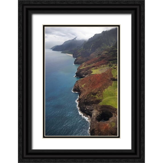 Flaherty, Dennis 11x14 Black Ornate Wood Framed with Double Matting Museum Art Print Titled - USA, Hawaii, Kauai Aerial view of Na Pali Coast