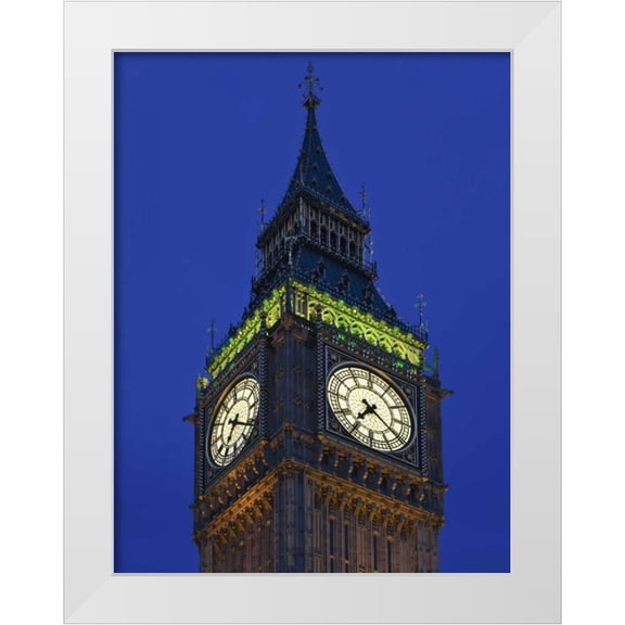 Flaherty, Dennis 12x14 White Modern Wood Framed Museum Art Print Titled - Great Britain, London Big Ben Clock Tower, dusk