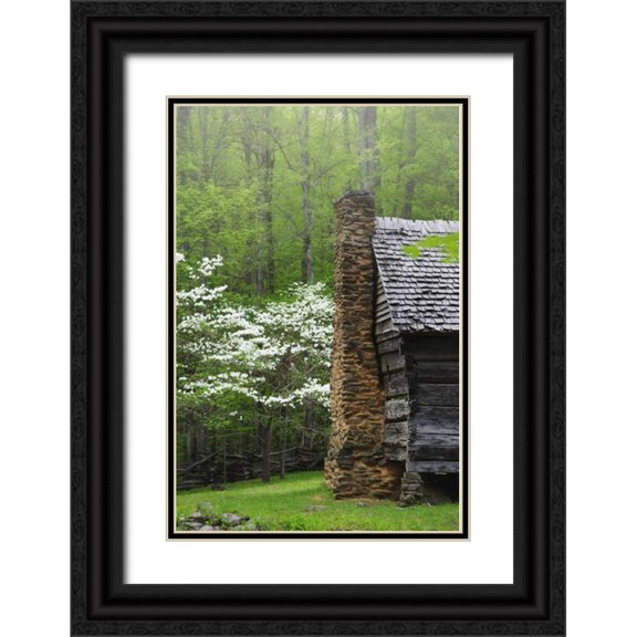 Flaherty, Dennis 13x18 Black Ornate Wood Framed with Double Matting Museum Art Print Titled - TN, Great Smoky Mts Log cabin and blooming trees