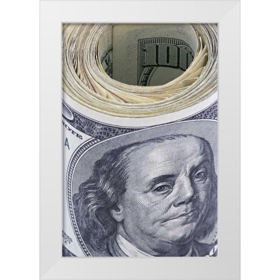 Flaherty, Dennis 13x18 White Modern Wood Framed Museum Art Print Titled - Close-up of a roll of US $100 bills