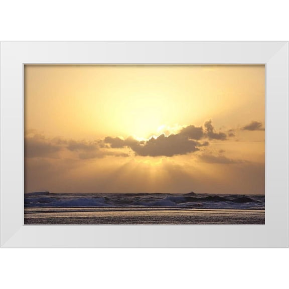 Flaherty, Dennis 14x11 White Modern Wood Framed Museum Art Print Titled - USA, Hawaii, Kauai God rays over beach at sunset