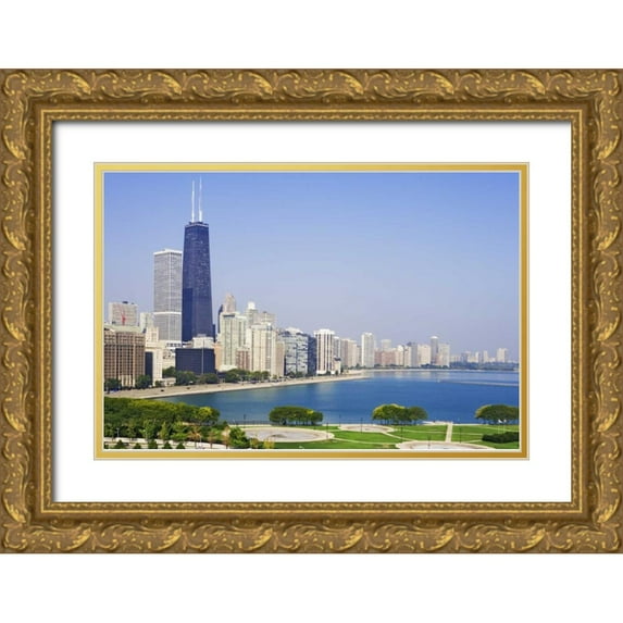 Flaherty, Dennis 18x13 Gold Ornate Wood Framed with Double Matting Museum Art Print Titled - Illinois, Chicago Downtown and Lake Michigan