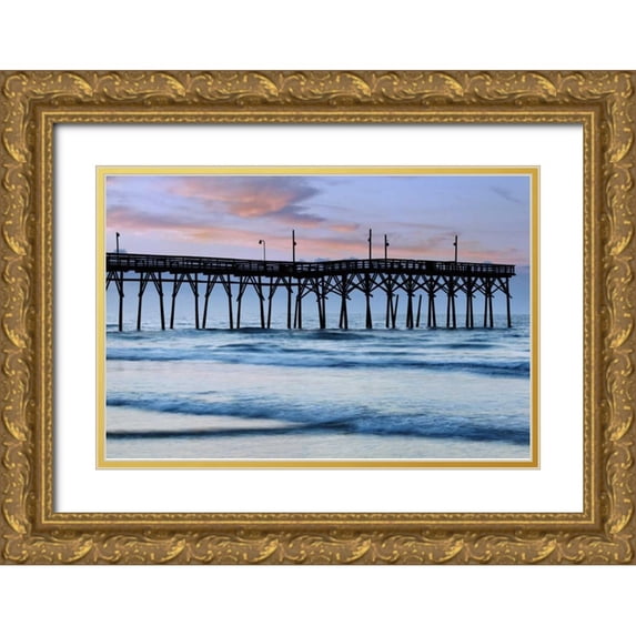 Flaherty, Dennis 18x13 Gold Ornate Wood Framed with Double Matting Museum Art Print Titled - USA, North Carolina Sunrise at Sunset Beach pier