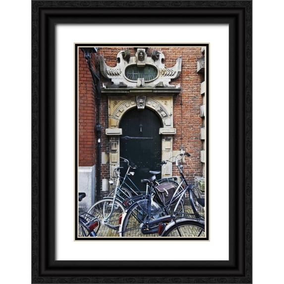 Flaherty, Dennis 23x32 Black Ornate Wood Framed with Double Matting Museum Art Print Titled - Netherlands, Amsterdam Bicycles by building door