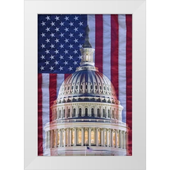 Flaherty, Dennis 23x32 White Modern Wood Framed Museum Art Print Titled - Washington, DC US flag and US Capitol building