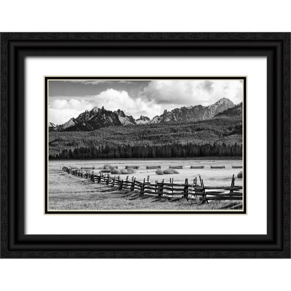 Flaherty, Dennis 24x17 Black Ornate Wood Framed with Double Matting Museum Art Print Titled - Idaho, Sawtooth NRA Rail fence and landscape
