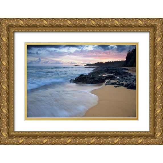 Flaherty, Dennis 24x17 Gold Ornate Wood Framed with Double Matting Museum Art Print Titled - USA, Hawaii, Kauai Secret Beach at dawn