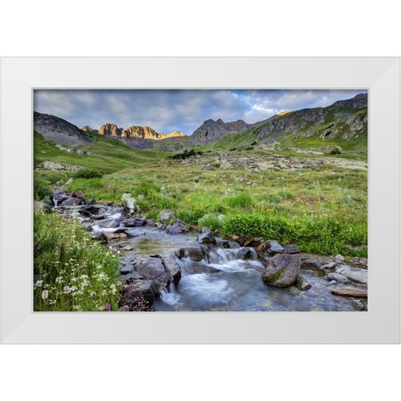 Flaherty, Dennis 24x17 White Modern Wood Framed Museum Art Print Titled - CO, Sunrise on stream in American Basin