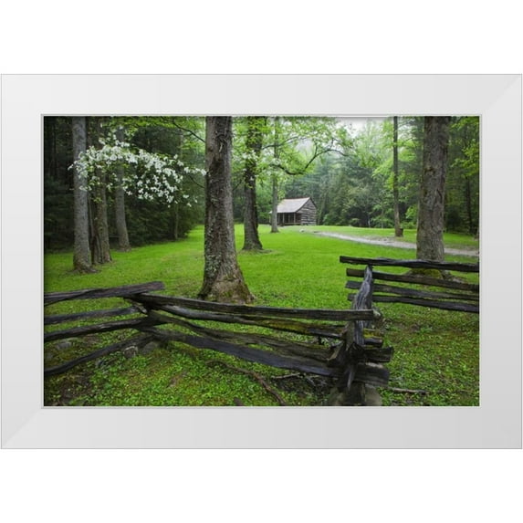 Flaherty, Dennis 24x17 White Modern Wood Framed Museum Art Print Titled - TN, Great Smoky Mts Fence and abandoned cabin