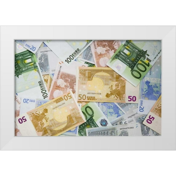 Flaherty, Dennis 32x22 White Modern Wood Framed Museum Art Print Titled - Montage of miscellaneous Euro currency