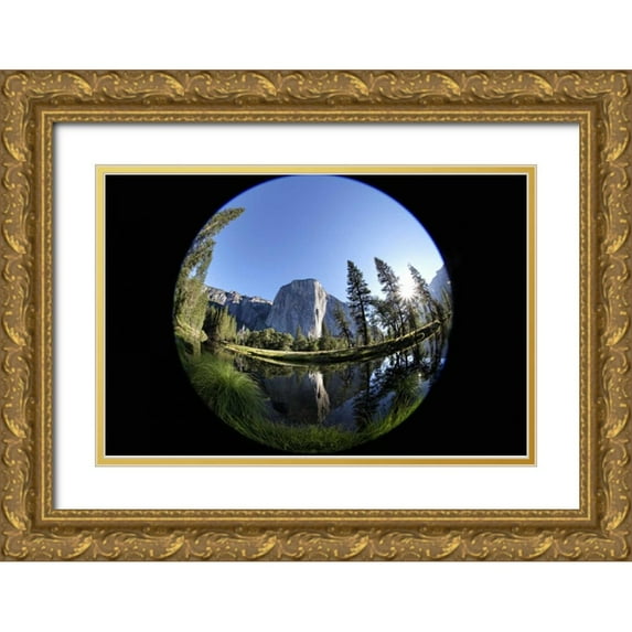 Flaherty, Dennis 32x23 Gold Ornate Wood Framed with Double Matting Museum Art Print Titled - CA, Yosemite Capitan and the Merced River