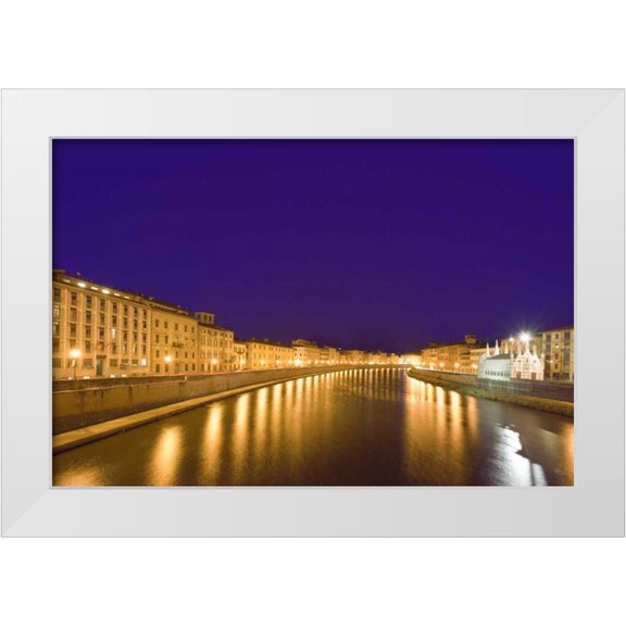 Flaherty, Dennis 32x23 White Modern Wood Framed Museum Art Print Titled - Italy, Pisa Lights reflect on the Arno River