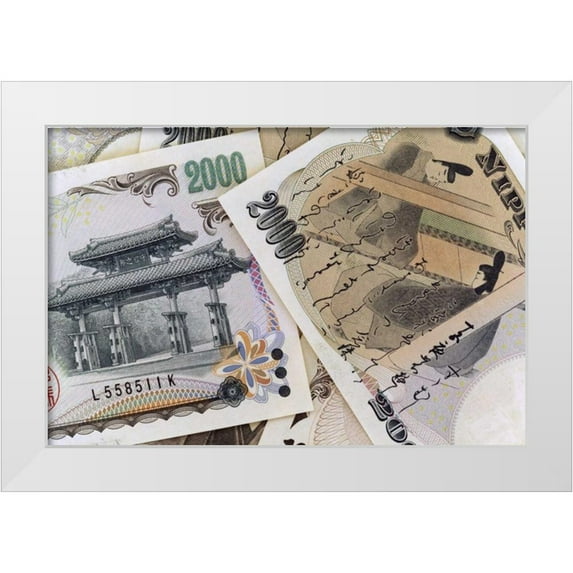 Flaherty, Dennis 32x23 White Modern Wood Framed Museum Art Print Titled - Japan Detail of Japanese paper currency, the Yen