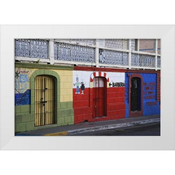 Flaherty, Dennis 32x23 White Modern Wood Framed Museum Art Print Titled - Puerto Rico, Isabela Segunda Town shop fronts