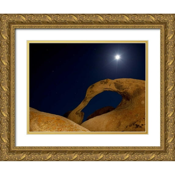 Flaherty, Dennis 32x25 Gold Ornate Wood Framed with Double Matting Museum Art Print Titled - CA, Alabama Hills Moonrise behind Mobius Arch