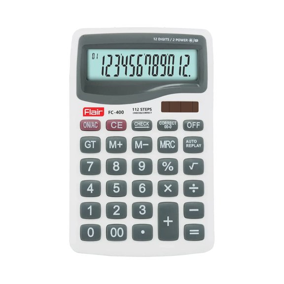 Flair FC-400 Desktop Series Electronic Calculator | GT Keys & Memory Function Calculator | 12 Digits Calculations | Auto Replay | Dual Power With Solar | 112 Steps Check & Correct | White
