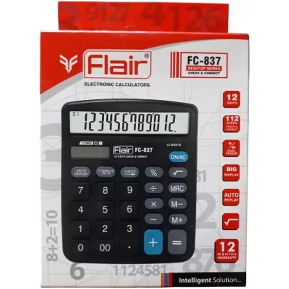 Flair FC-837 Desktop Series Calculator | 12 Digits Calculator | Dual Power With Solar | Auto Replay With Big Display | Square Root Function | Ideal For School, College & Office | Black