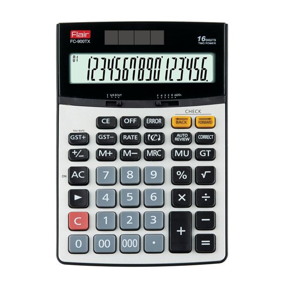 Flair Fc-900 TX Desktop Calculator | 16 Digits Calculator | GST Calculation Function With Currency Converter | Dual Power With Solar | Auto Replay | 112 Steps Check & Correct | Grey