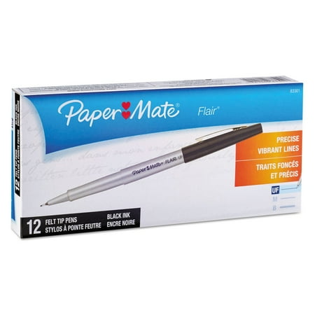 Flair Felt Tip Porous Point Pen, Stick, Extra-Fine 0.4 Mm, Black Ink, Black Barrel, Dozen