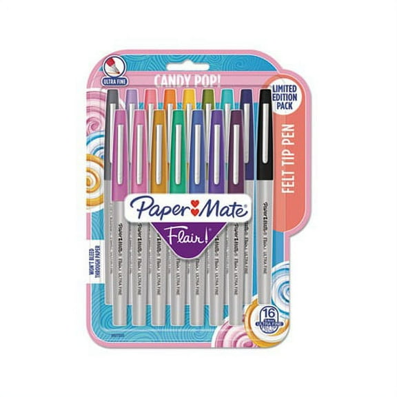 Flair Felt Tip Stick Porous Point Pen Extra-Fine 0.4 mm, Assorted Colors Ink, Gray Barrel, 16/Pack