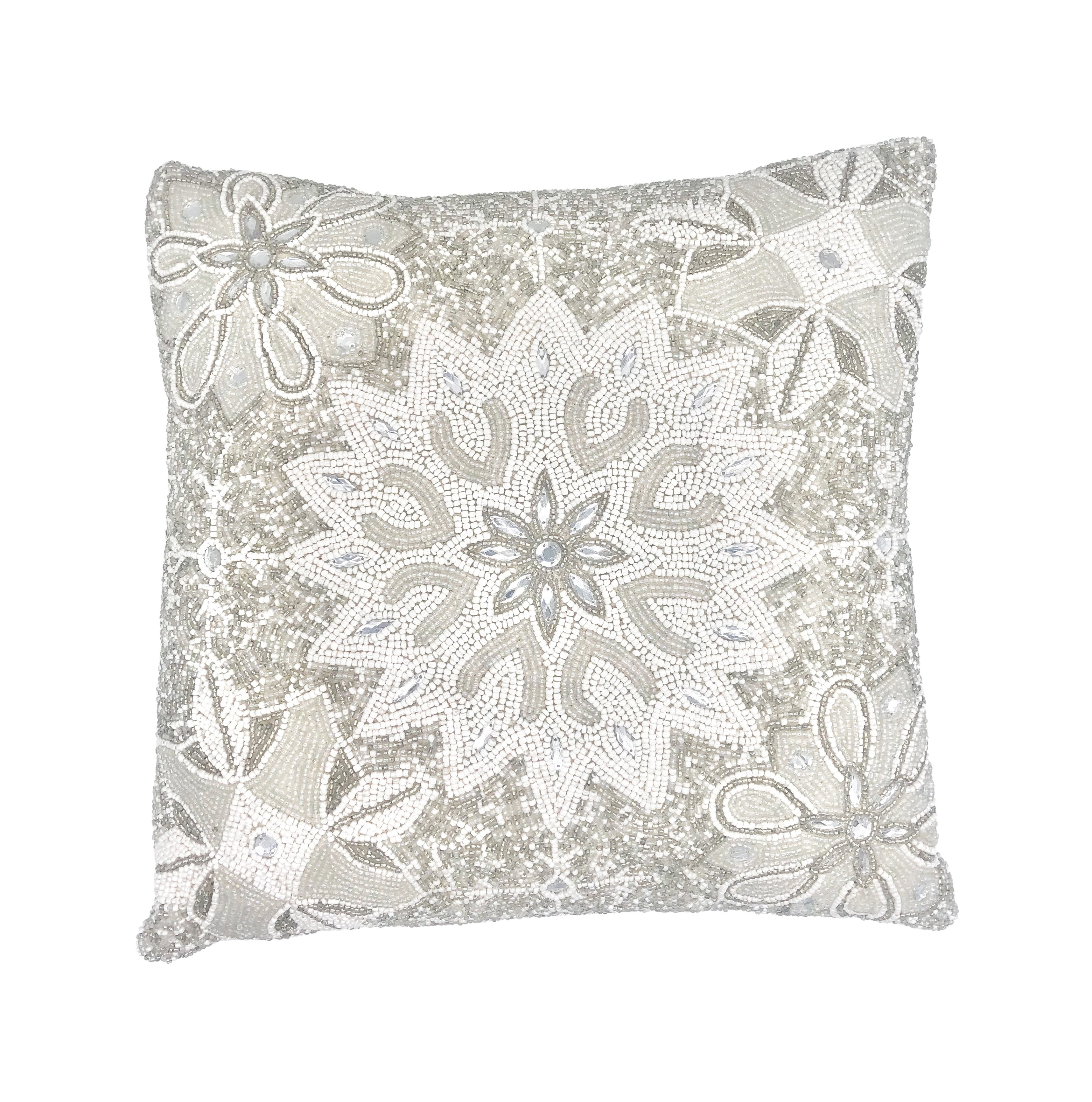 Handmade Beaded Snowflake White and Silver Throw Pillow