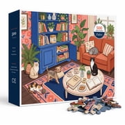 Flalivi 500 Piece Jigsaw Puzzle for Adults, Cozy Book Room with Cats and Dog Puzzle, 52 x 38 cm Finished Size, Includes Reference Poster, Premium Blue Board
