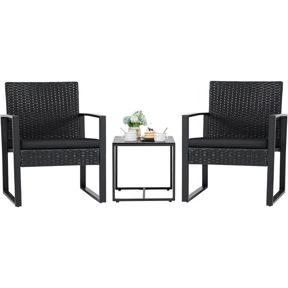 Flamaker 3 Pieces Outdoor Patio Wicker Furniture Set, Modern Rattan Chair Conversation Sets with Coffee Table for Yard and Bistro (Black)