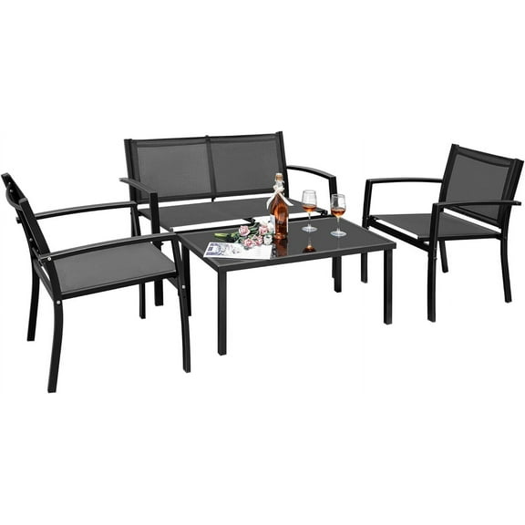 Flamaker 4 Pieces Outdoor Patio Furniture Textilene Modern Conversation Black Bistro Set with Loveseat Tea Table for Home, Lawn and Balcony