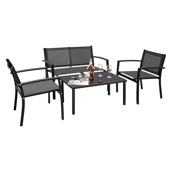 Flamaker 4 Pieces Outdoor Patio Furniture Textilene Modern Conversation Black Bistro Set with Loveseat Tea Table for Home, Lawn and Balcony