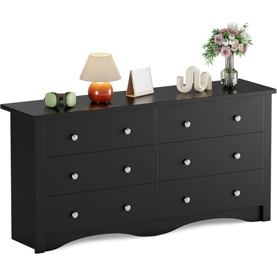 Flamaker 6 Drawer Dresser Chests for Bedroom, Storage Dressers Organizer with Anti-Tilt Devices, Modern Wide Wood Chest of Drawers for Living Room Hallway Entryway (Black)