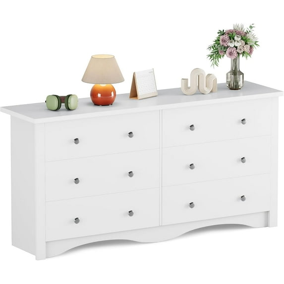 Flamaker 6 Drawer Dresser Chests for Bedroom, Storage Dressers Organizer with Anti-Tilt Devices, Modern Wide Wood Chest of Drawers for Living Room Hallway Entryway (White)